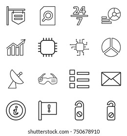 thin line icon set : shop signboard, search document, 24 7, diagram, chip, satellite antenna, smart glasses, list, mail, info, important flag, do not distrub