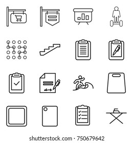 thin line icon set : shop signboard, presentation, hoverboard, chip, stairs, clipboard, pen, check, inventory, surfer, cutting board, list, iron