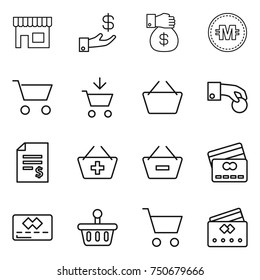 thin line icon set : shop, investment, money gift, crypto currency, cart, add to, basket, hand coin, account balance, remove from, credit card