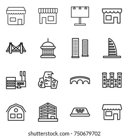 thin line icon set : shop, billboard, bridge, goverment house, skyscrapers, skyscraper, mall, modern architecture, palace, office, taxi