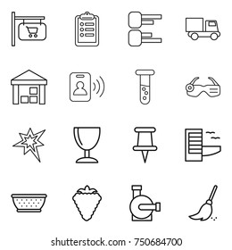 thin line icon set : shop signboard, clipboard, diagram, truck, warehouse, pass card, vial, smart glasses, bang, wineglass, pin, hotel, colander, berry, water pump, broom