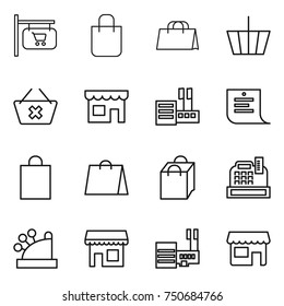 thin line icon set : shop signboard, shopping bag, basket, delete cart, store, list, cashbox, mall