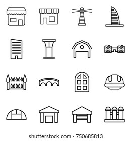 thin line icon set : shop, lighthouse, skyscraper, airport tower, barn, school, gothic architecture, bridge, arch window, building helmet, greenhouse, warehouse, garage, grain elevator