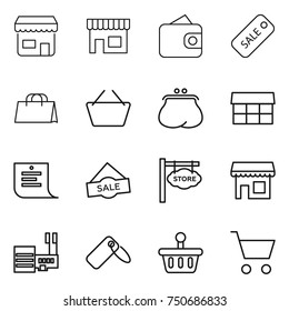 thin line icon set : shop, wallet, sale, shopping bag, basket, purse, market, list, store signboard, mall, label, cart