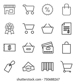 thin line icon set : shop, cart, percent, shopping bag, medal, basket, account balance, receipt, remove from, credit card, label, sale, bar code
