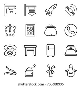 thin line icon set : shop signboard, rocket, call, alarm clock, abacus, purse, phone, stool, fridge, kettle, walnut crack, hand mill, windmill, apron
