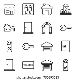 thin line icon set : shop, wc, home, mansion, house with garage, door, arch, key, do not distrub, fridge, welcome mat, please clean