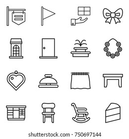 thin line icon set : shop signboard, flag, gift, bow, building, door, fountain, hawaiian wreath, heart pendant, service bell, curtain, table, wardrobe, chair, rocking, cake