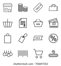 thin line icon set : shop, coin stack, sale, shopping bag, basket, account balance, remove from, credit card, label, percent, bar code, cart, hanger