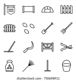thin line icon set : shop signboard, fence, greenhouse, seeds, shovel, fork, rake, sickle, farm, pruner, fertilizer, bucket