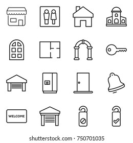thin line icon set : shop, wc, home, mansion, arch window, plan, key, garage, fridge, door, bell, welcome mat, do not distrub, please clean