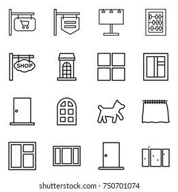 thin line icon set : shop signboard, billboard, abacus, building, window, door, arch, dog, curtain, clean