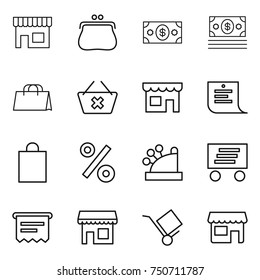 thin line icon set : shop, purse, money, shopping bag, delete cart, list, percent, cashbox, delivery, atm receipt, trolley
