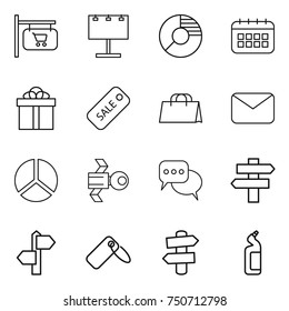 thin line icon set : shop signboard, billboard, circle diagram, calendar, gift, sale, shopping bag, mail, satellite, discussion, singlepost, signpost, label, toilet cleanser