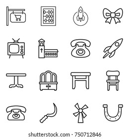 thin line icon set : shop signboard, abacus, rocket, bow, tv, church, phone, table, dresser, stool, chair, sickle, windmill, horseshoe