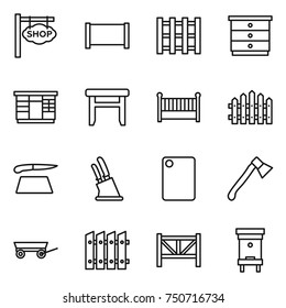 thin line icon set : shop signboard, fence, pallet, chest of drawers, wardrobe, stool, crib, cutting board, knife holder, axe, trailer, farm, hive