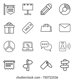 thin line icon set : shop signboard, billboard, pencil, circle diagram, gift, sale, shopping bag, mail, notebook, discussion, pass card, atm receipt, signpost, label