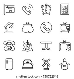 thin line icon set : shop signboard, call, alarm clock, abacus, table lamp, purse, phone, tv, disco ball, fridge, kettle, windmill, apron