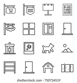 thin line icon set : shop signboard, billboard, abacus, window, door, detector, photo, dog, landscape, rack, barn, clean