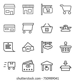 thin line icon set : shop, signboard, cart, card, delivery, delete, scales, shopping list, sale, store, basket, fast deliver, credit, warehouse, package