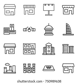 thin line icon set : shop, billboard, store, drawbridge, goverment house, skyscraper, modular, building, district, city, palace, taxi