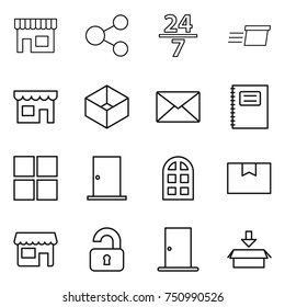 thin line icon set : shop, share, 24 7, delivery, box, mail, copybook, window, door, arch, package, unlocked