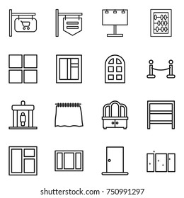 thin line icon set : shop signboard, billboard, abacus, window, arch, vip fence, detector, curtain, dresser, rack, door, clean