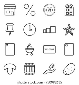thin line icon set : shop, percent, crypto currency, arch window, pin, clock, sorting, starfish, cutting board, bbq, welcome mat, mushroom, barrel, hand leaf, potato