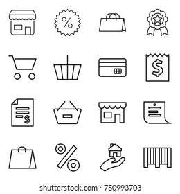 thin line icon set : shop, percent, shopping bag, medal, cart, basket, credit card, receipt, account balance, remove from, list, real estate, bar code