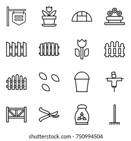 thin line icon set : shop signboard, flower, greenhouse, bed, fence, perishable, seeds, bucket, scarecrow, farm, pruner, fertilizer, rake