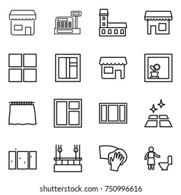 thin line icon set : shop, cashbox, mansion, window, flower in, curtain, clean floor, skysrcapers cleaning, wiping, toilet