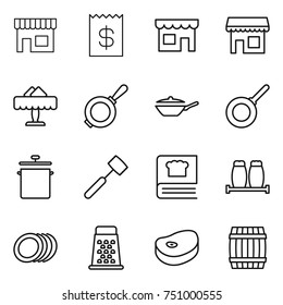thin line icon set : shop, receipt, restaurant, pan, meat hammer, cooking book, salt pepper, plates, grater, steake, barrel