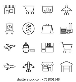 thin line icon set : shop, cart, presentation, plane, dollar coin, shopping bag, mall, port, consolidated cargo, airplane, garage
