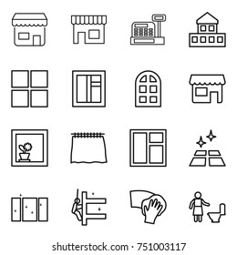 thin line icon set : shop, cashbox, cottage, window, arch, flower in, curtain, clean floor, skyscrapers cleaning, wiping, toilet