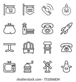 thin line icon set : shop signboard, call, rocket, purse, church, phone, table, dresser, chair, tv, hand mill, windmill, apron