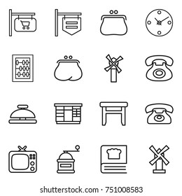 thin line icon set : shop signboard, purse, clock, abacus, windmill, phone, service bell, wardrobe, stool, tv, hand mill, cooking book