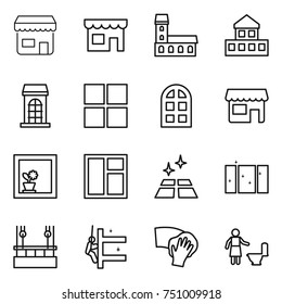 thin line icon set : shop, mansion, cottage, building, window, arch, flower in, clean floor, skysrcapers cleaning, skyscrapers, wiping, toilet