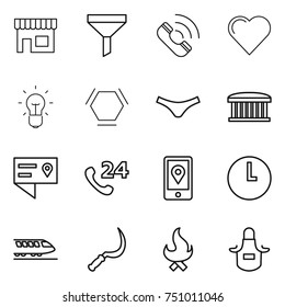 thin line icon set : shop, funnel, call, heart, bulb, hex molecule, underpants, airport building, location details, phone 24, mobile, clock, train, sickle, fire, apron