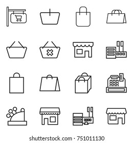 thin line icon set : shop signboard, basket, shopping bag, delete cart, store, cashbox, mall