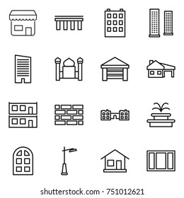 thin line icon set : shop, bridge, building, skyscrapers, skyscraper, minaret, garage, house with, modular, brick wall, school, fountain, arch window, outdoor light, home