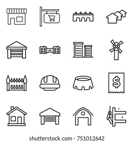 thin line icon set : shop, signboard, bridge, houses, garage, school, district, windmill, gothic architecture, building helmet, stadium, tax, home, barn, skyscrapers cleaning