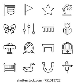 thin line icon set : shop signboard, flag, star, table lamp, bow, equalizer, bridge, perishable, restaurant, mirror, dresser, crib, goose, horseshoe, scarecrow