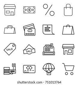 thin line icon set : shop, money, percent, shopping bag, credit card, list, sale label, cashbox, mall, parachute delivery, cart