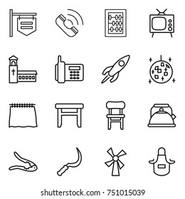 thin line icon set : shop signboard, call, abacus, tv, church, phone, rocket, disco ball, curtain, stool, chair, kettle, walnut crack, sickle, windmill, apron