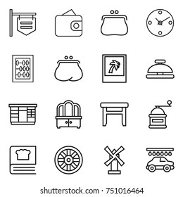 thin line icon set : shop signboard, wallet, purse, clock, abacus, photo, service bell, wardrobe, dresser, stool, hand mill, cooking book, wheel, windmill, car wash