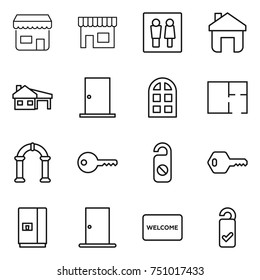 thin line icon set : shop, wc, home, house with garage, door, arch window, plan, key, do not distrub, fridge, welcome mat, please clean