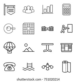 thin line icon set : shop signboard, group, graph, calculator, cell correction, cpu, school, courier delivery, parachute, landscape, table, wardrobe, phone, pool, hard reach place cleaning