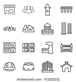 thin line icon set : shop, group, tower, bridge, drawbridge, project, cottage, skyscrapers, modular house, panel, factory, gothic architecture, building helmet, stadium, office, bungalow