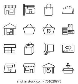 thin line icon set : shop, signboard, shopping bag, warehouse, basket, delete cart, store, market, cargo stroller, credit card, heavy, package