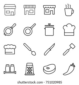 thin line icon set : shop, hot drink, pan, cook hat, chief, big spoon, knife, meat hammer, salt pepper, grater, steak